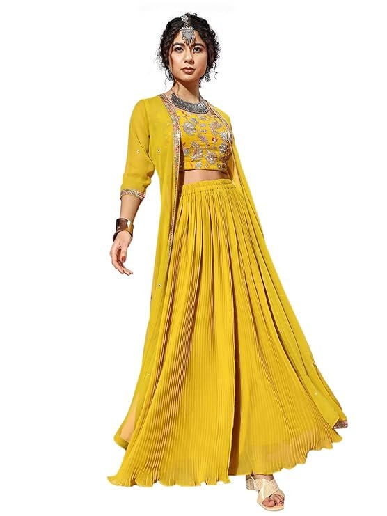 TRENDMALLS Women's Georgette Embroidery Crop Top with Flared Palazzo and Shrug Set