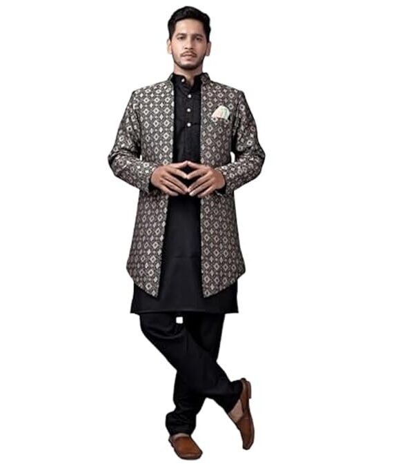 Amzira Men's Stylish Ethnic Wear Black Kurta Pajama Set with Long Jacket,