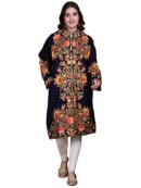Exotic India Women's Kashmir Wool Long Jacket with Multicolor Floral Aari Embroidered | Beautiful Flower Embroidery Long Woolen Jacket, Coat For Winter