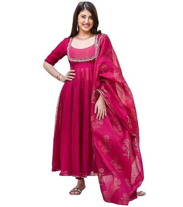 GoSriKi Women's Rayon Viscose Embroidered Anarkali Kurta with Pant & Dupatta