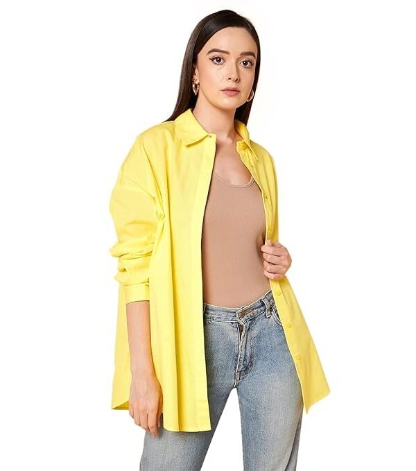 HIGH STAR Women's Cotton Oversized Fit Solid Spread Collar Shirt