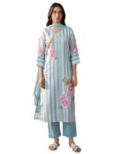 INDO ERA Women's Straight Linen Floral Print with Beads Work Kurta Pant with Dupatta Set