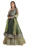 Wishful Women's Green Metallic Embroidery Mesh Flared Kurta & Skirt with Dupatta Set