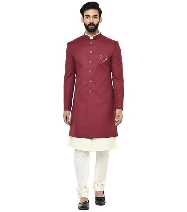 KISAH Men Maroon Solid Kurta Indo-Western Sherwani Set Indo-Western, Full Sleaves, Knee Length, Straight, Regular Fit, Mandarin Collar Ethnic wear