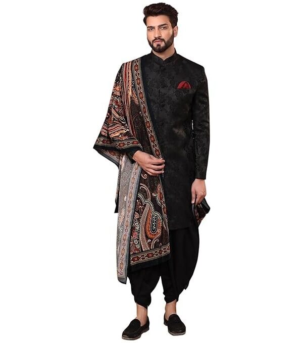 KISAH Indowestern Men's Ethnic Wear Silk Blend Woven Design Regular Fit Black Indo-Western Sherwani Set Indo-Western